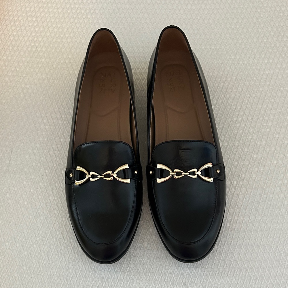 Naturalizer Black Loafers with Gold Chain Accent. Size 12W